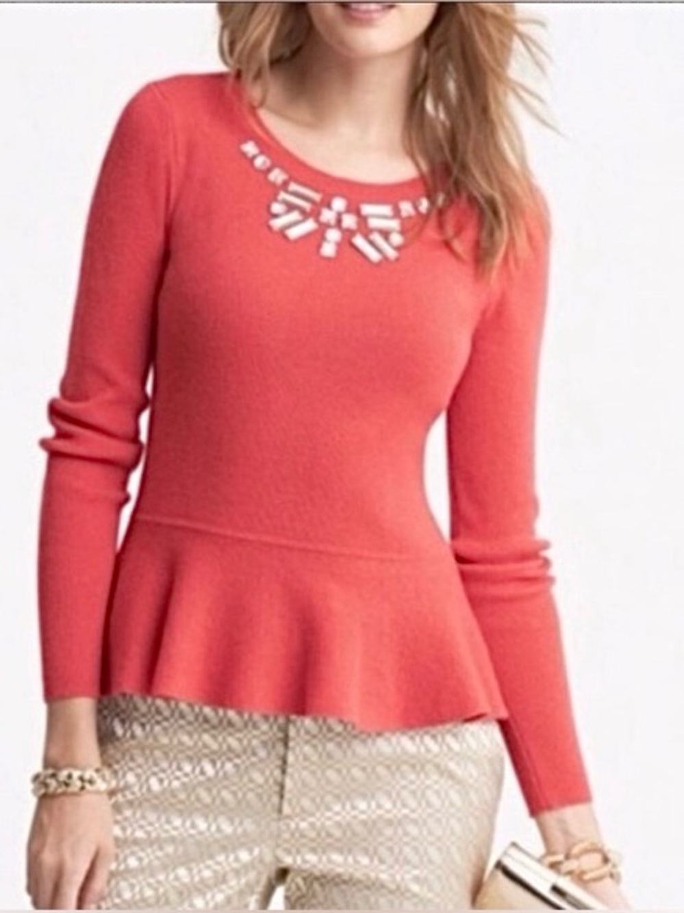 Banana Rebublic Jeweled Peplum Sweater Italian Yarn Soft Cashmere Wool Pink Med